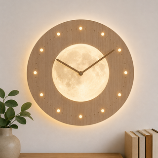 Full Moon LED Silent Wooden Digital Wall Clock with Remote Control, Backlight Nightlight Digital Wood Wall Clock, Sunrise Alarm