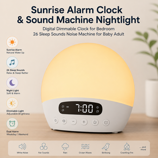 Sunrise Alarm Clock and Sound Machine Nightlight Digital Dimmable Clock for Bedroom 26 Sleep Sounds Noise Machine for Baby Adul