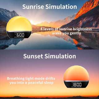 FM Radio Sunrise Alarm Clock Sound Machine Wake-Up Light Sunrise Sunset Simulation Adjustable Volume Brightness Sleep Aid 13